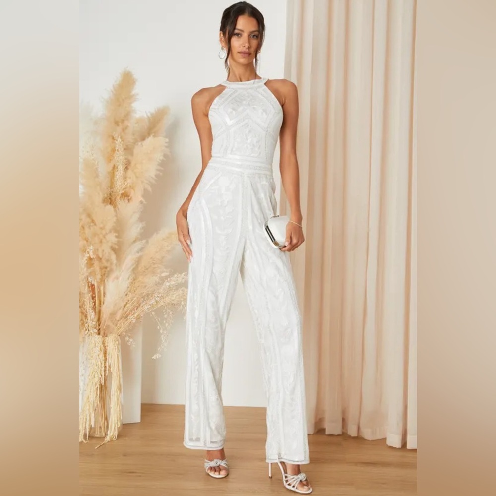 NWT Tell Me Everything White Beaded Sequin Wide-Leg Jumpsuit